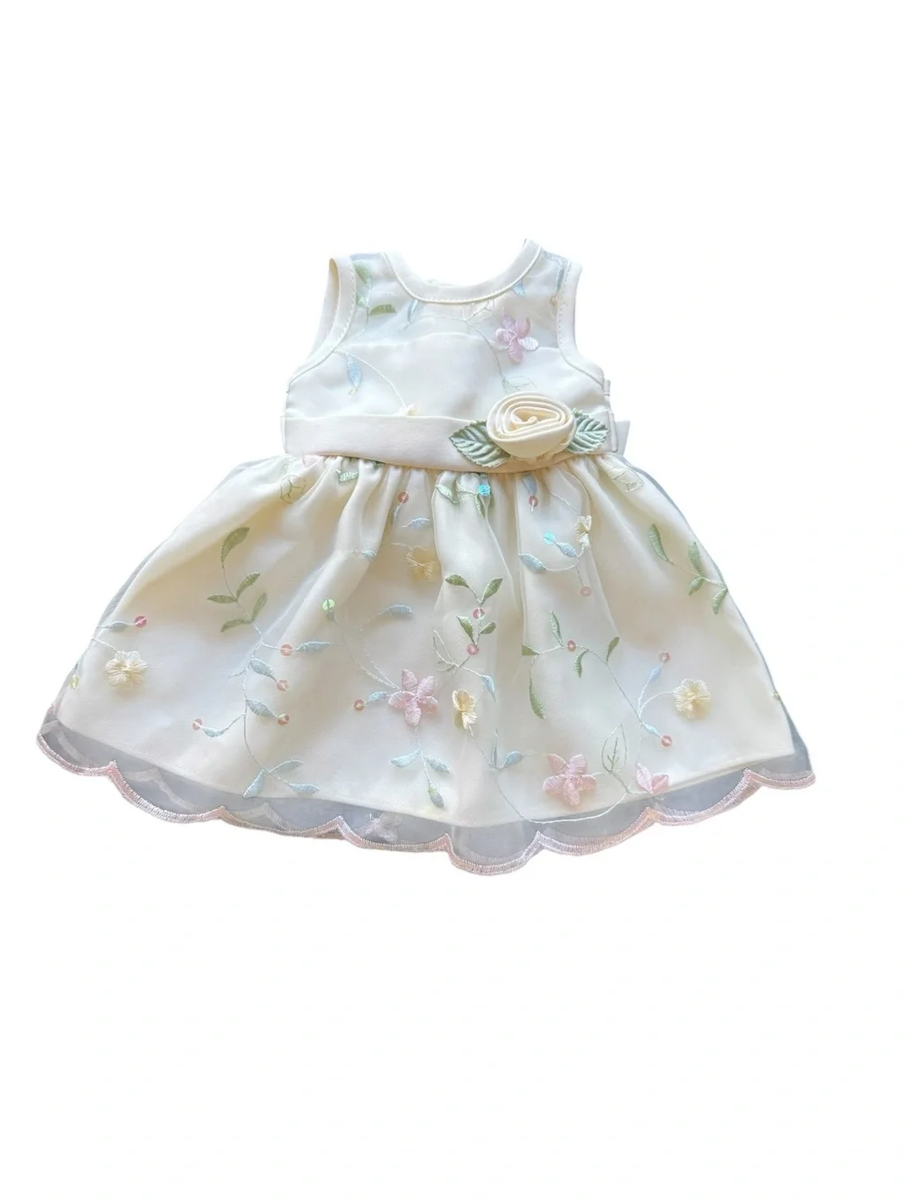 Ivory Floral Embroidered Doll Dress with Rosette